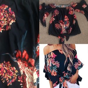 Flowered navy off the shoulder blouse
